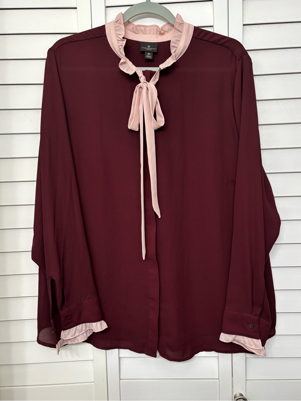 Worthington Burgundy Blouse with Light Pink Tie-Neck